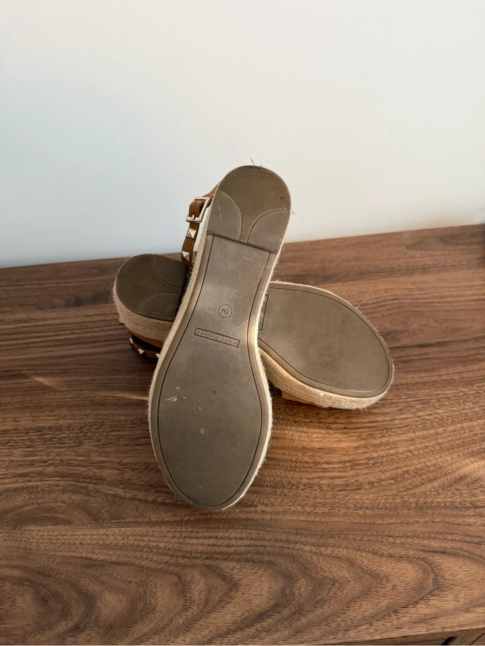 Marc Fisher Tan Suede Studded Ankle-Strap Espadrille Wedges